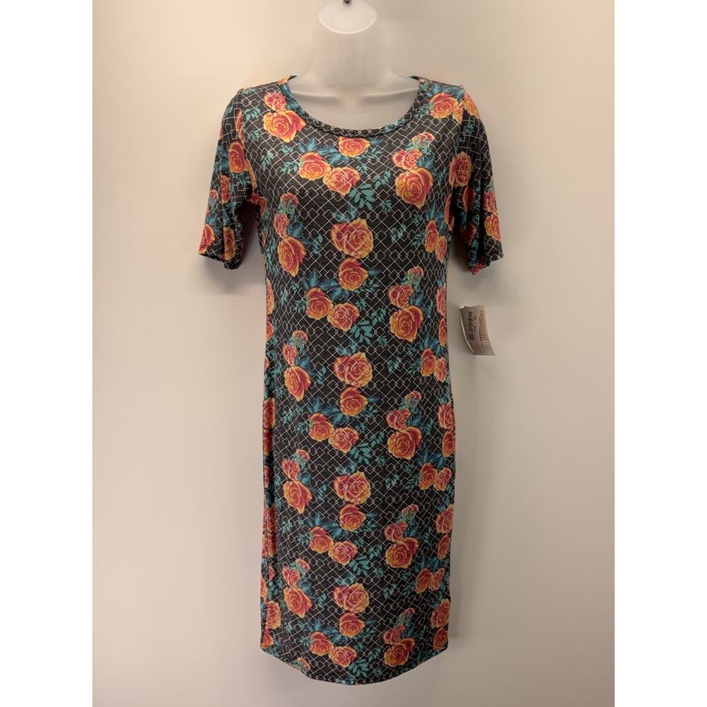 Lularoe Julia Sheath Dress Black Teal Floral Roses Short Sleeve Women’s XS NWT